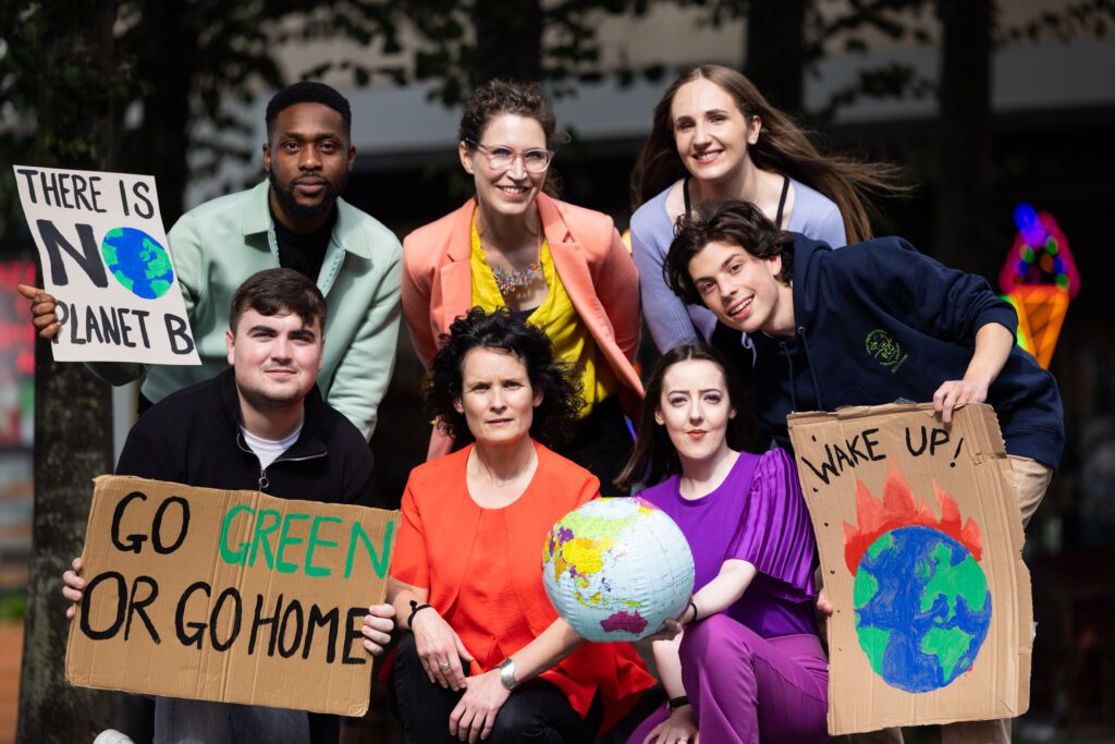 Community Foundation Ireland, its youth ambassadors and partners celebrating International Youth Day, with protest signs focussing on climate.