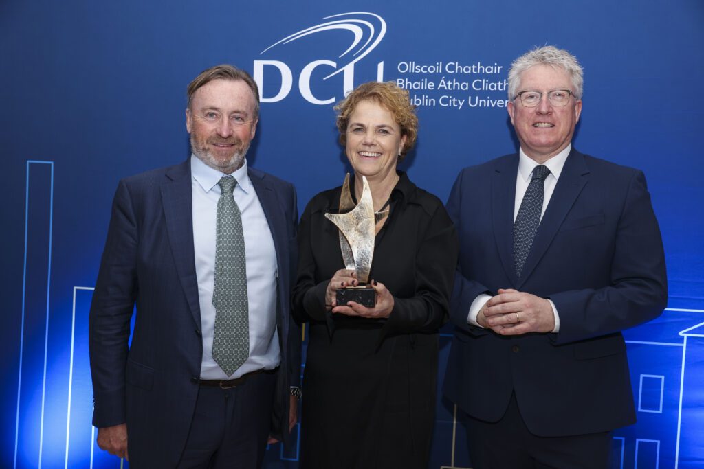 Accepting leadership award from DCU, Chief Executive Denise Charlton (Centre) with DCU Educational Trust Chair, Eamonn Quinn and DCU President Professor Daire Keogh