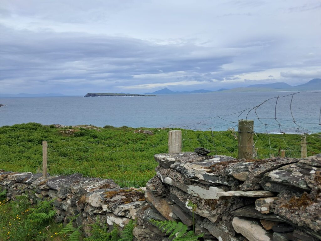 A landscape picture from Inishturk Island. In the foreground is a stone wall, it borders on a green field which leads down to a seascape.