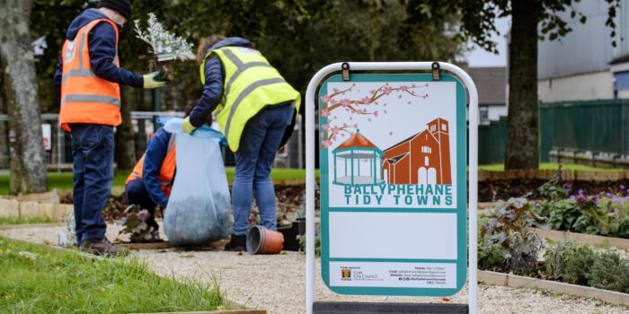 Tidy town project in cork with people cleaning garden