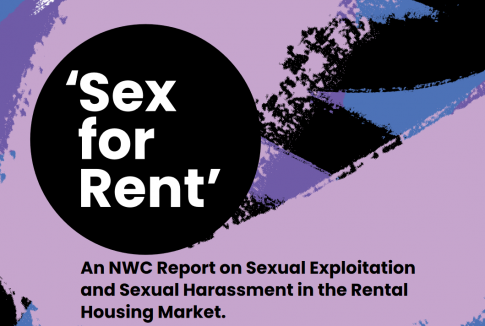 A graphic of the cover page of research undertaken by the National Women's Council with Community Foundation Ireland. At the centre of the graphic in big text are the words 'Sex For Rent'.