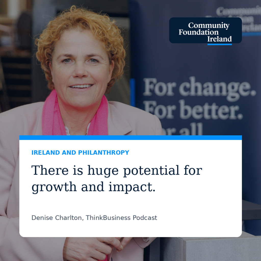 This is a poster type graphic promoting the recent podcast. The main headline pushed forward is 'There is huge potential for growth and impact'. It is set a background which includes a picture of Denise Charlton and the Community Foundation Ireland logo.