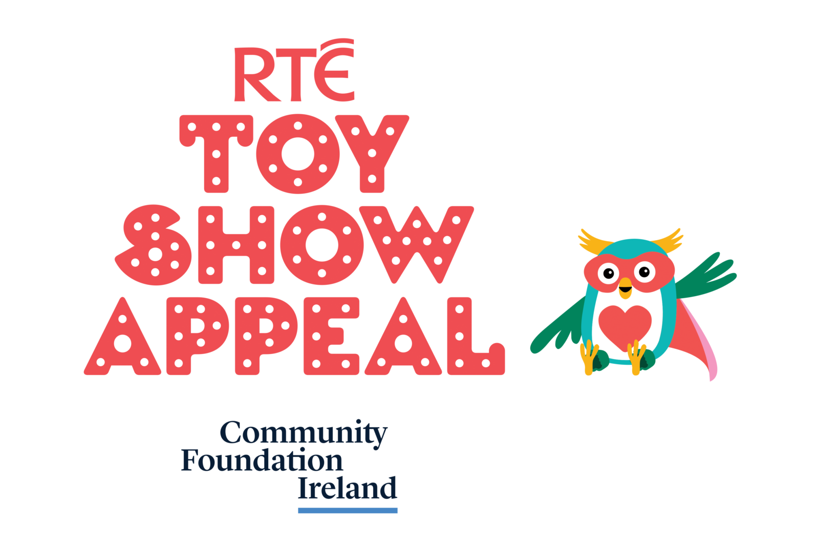 Logo of RTÉ Toy Show Appeal, with an owl and a heart on his chest.